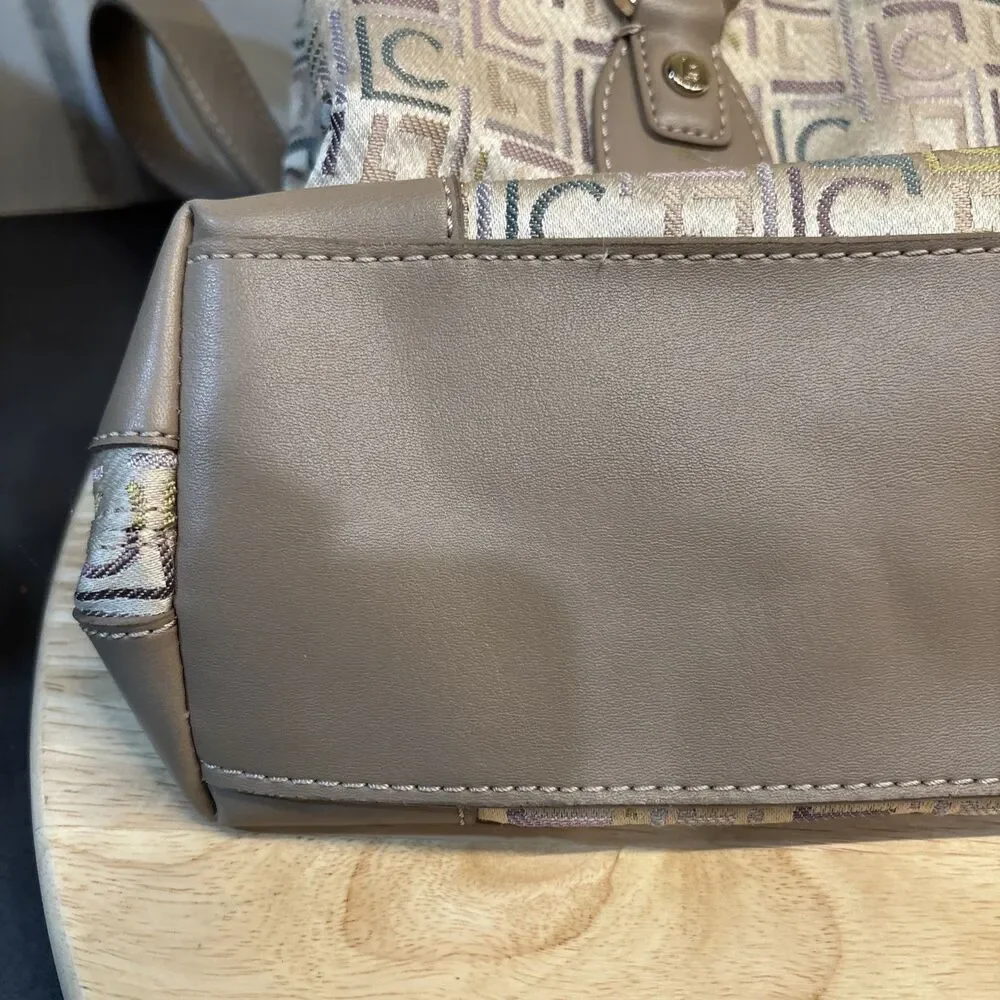 Vintage Liz Claiborne Handbag Beige Silver Two Handle Monogram Satchel Y2K